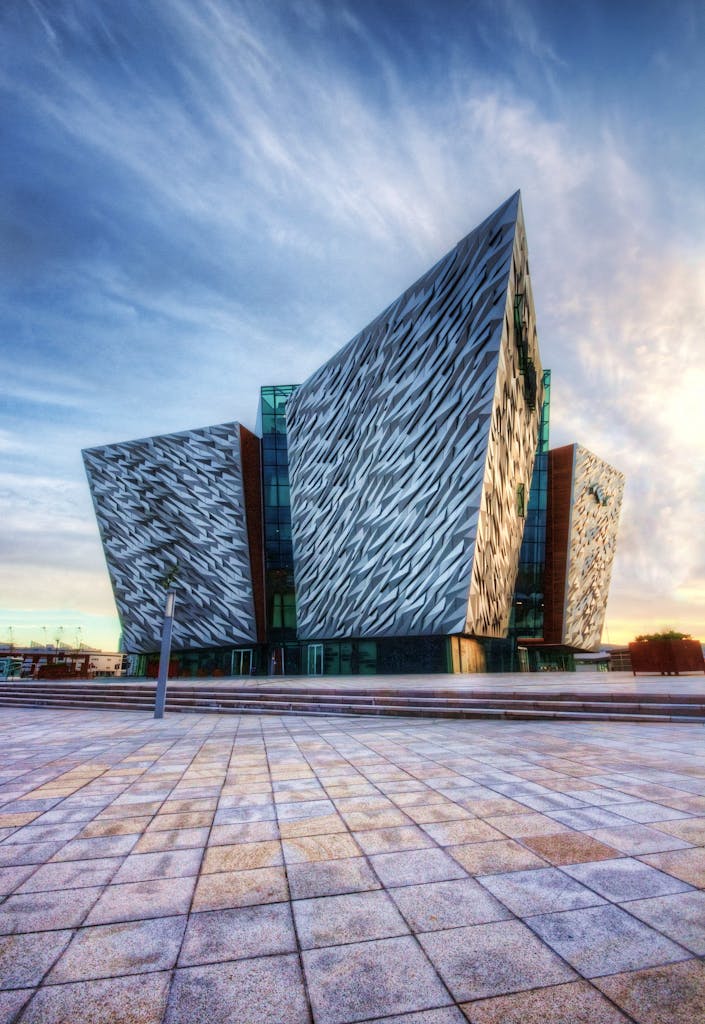 Dublin Docklands, Dublin City Impressive modern design of the Titanic Belfast museum, showcasing unique architectural style.